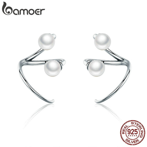 BAMOER 100% 925 Sterling Silver Earrings Elegant Imitation Pearl Stud Earrings for Women Silver Jewelry SCE306