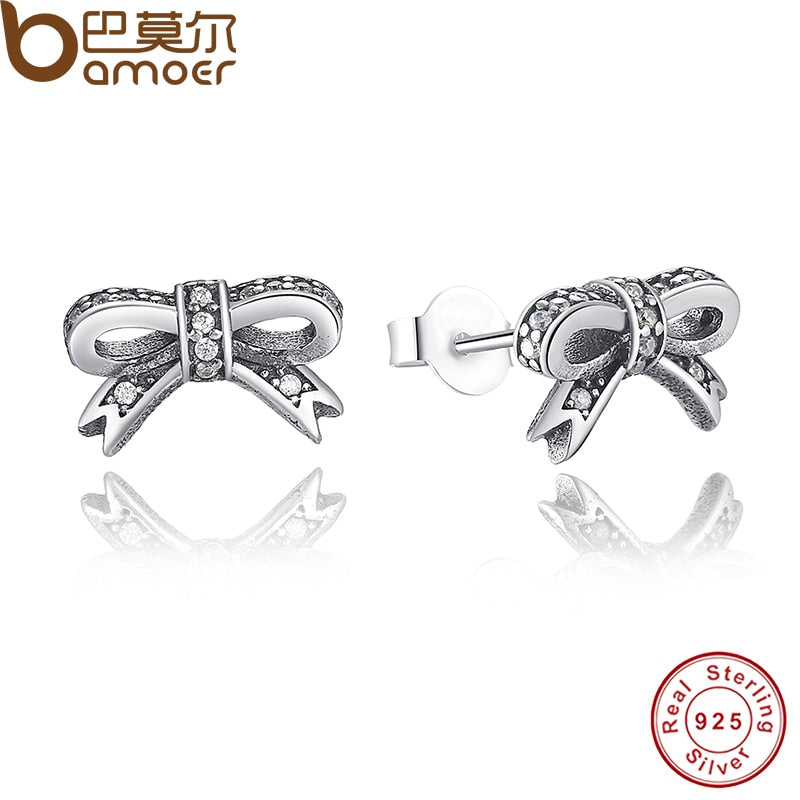 BAMOER Delicate 100% 925 Sterling Silver Sparkling Bow Stud Earrings With Clear CZ Women Party Luxury Jewelry PAS407