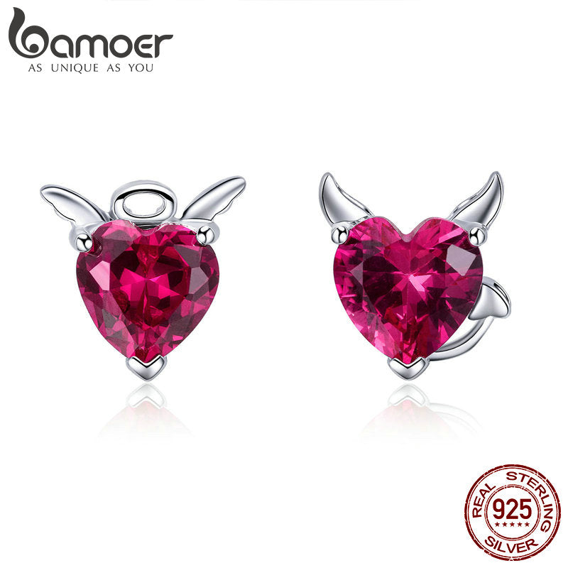 BAMOER Fashion 925 Sterling Silver Angel And Devil Pink CZ Heart Stud Earrings for Women Sterling Silver Jewelry 2018 SCE414